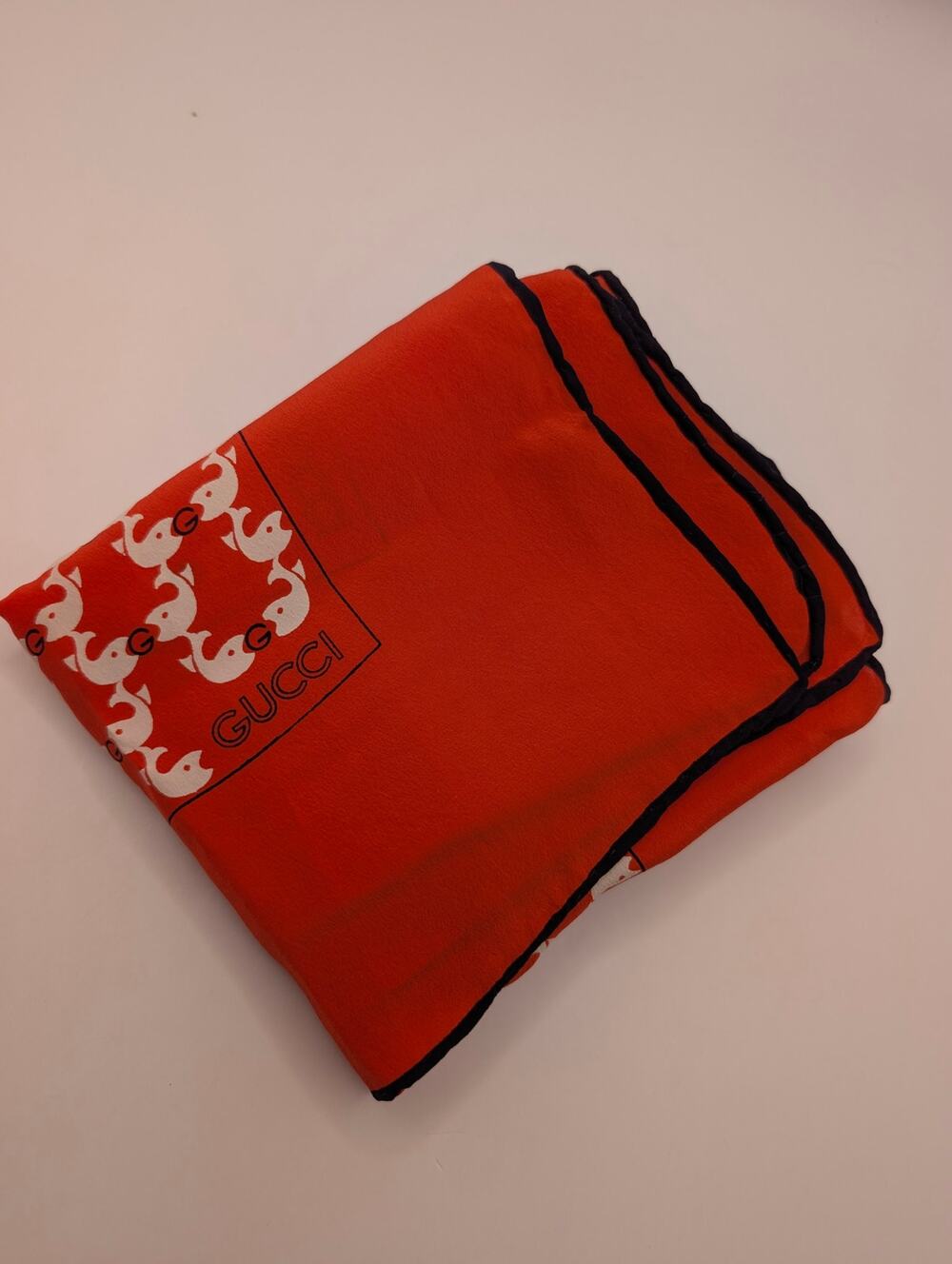 Gucci Silk Scarf GG Whale Fish Interlocking Logo Print Red 33"